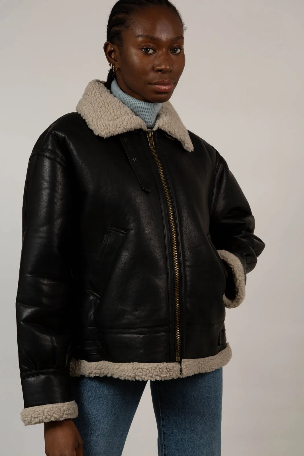 Black faux shearling biker jacket