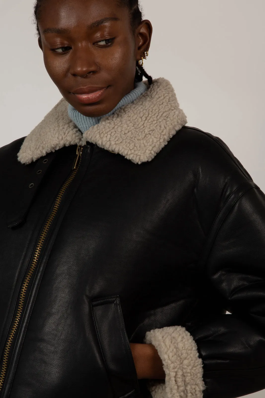 Black faux shearling biker jacket