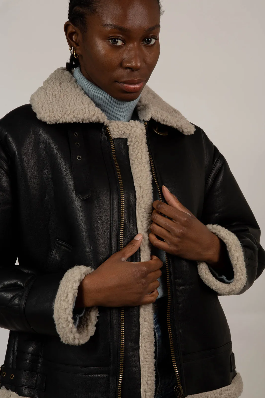 Black faux shearling biker jacket