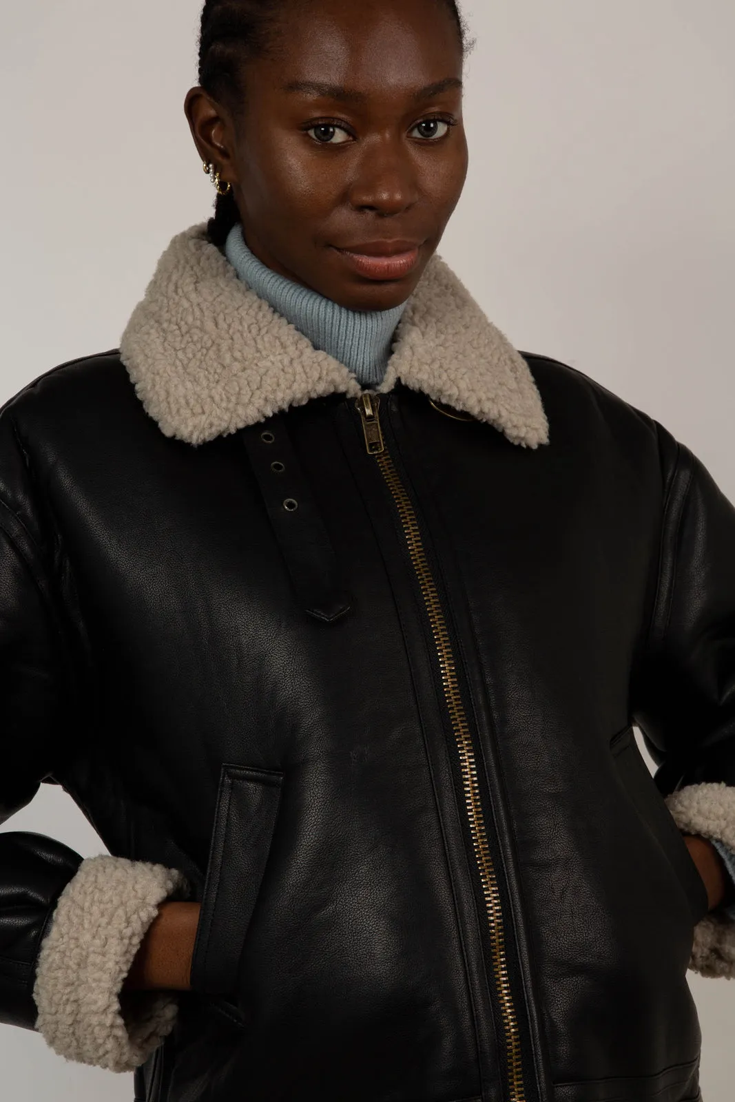 Black faux shearling biker jacket