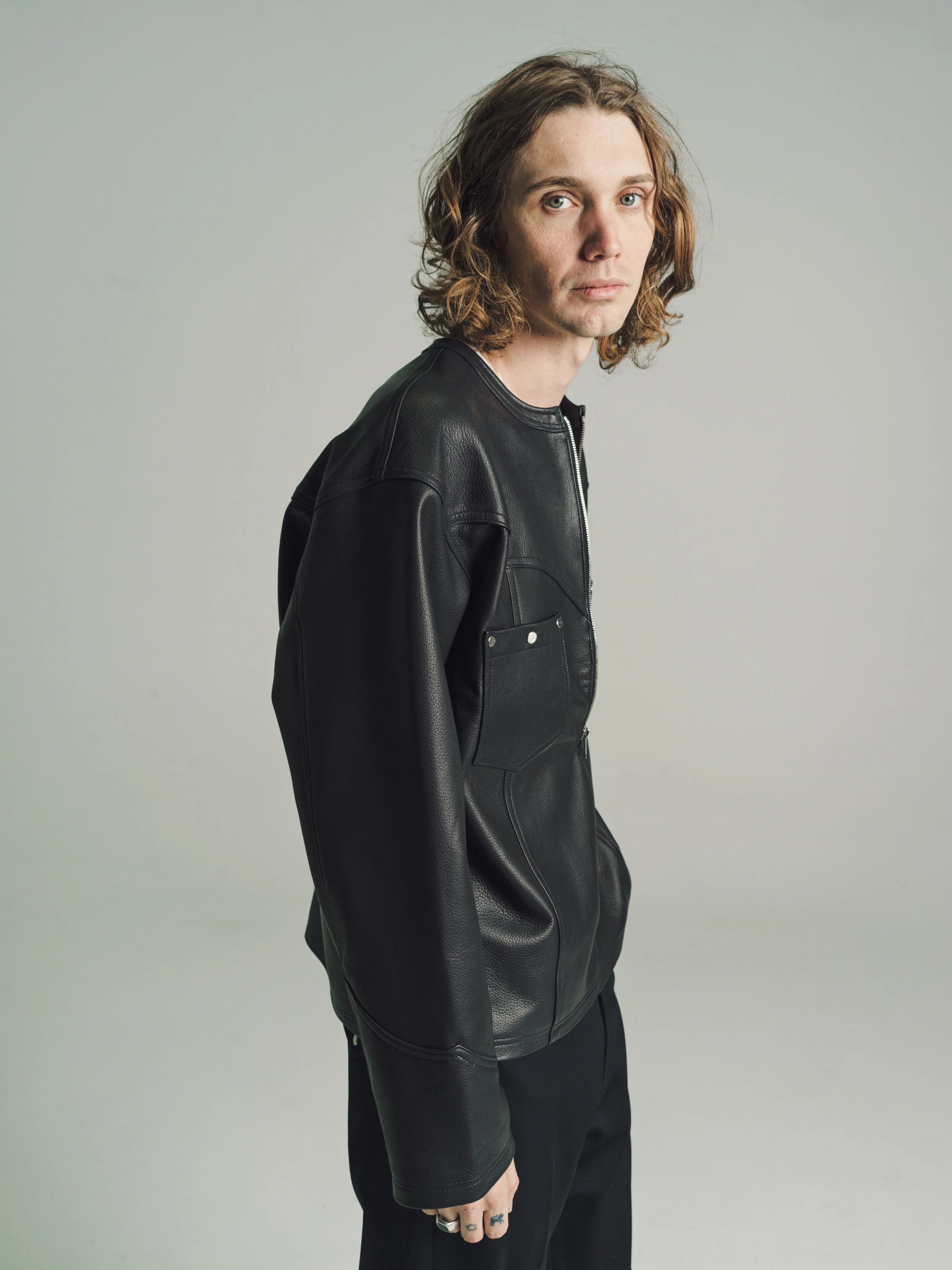Black Goat Skin Collarless Pull-Over Shirt