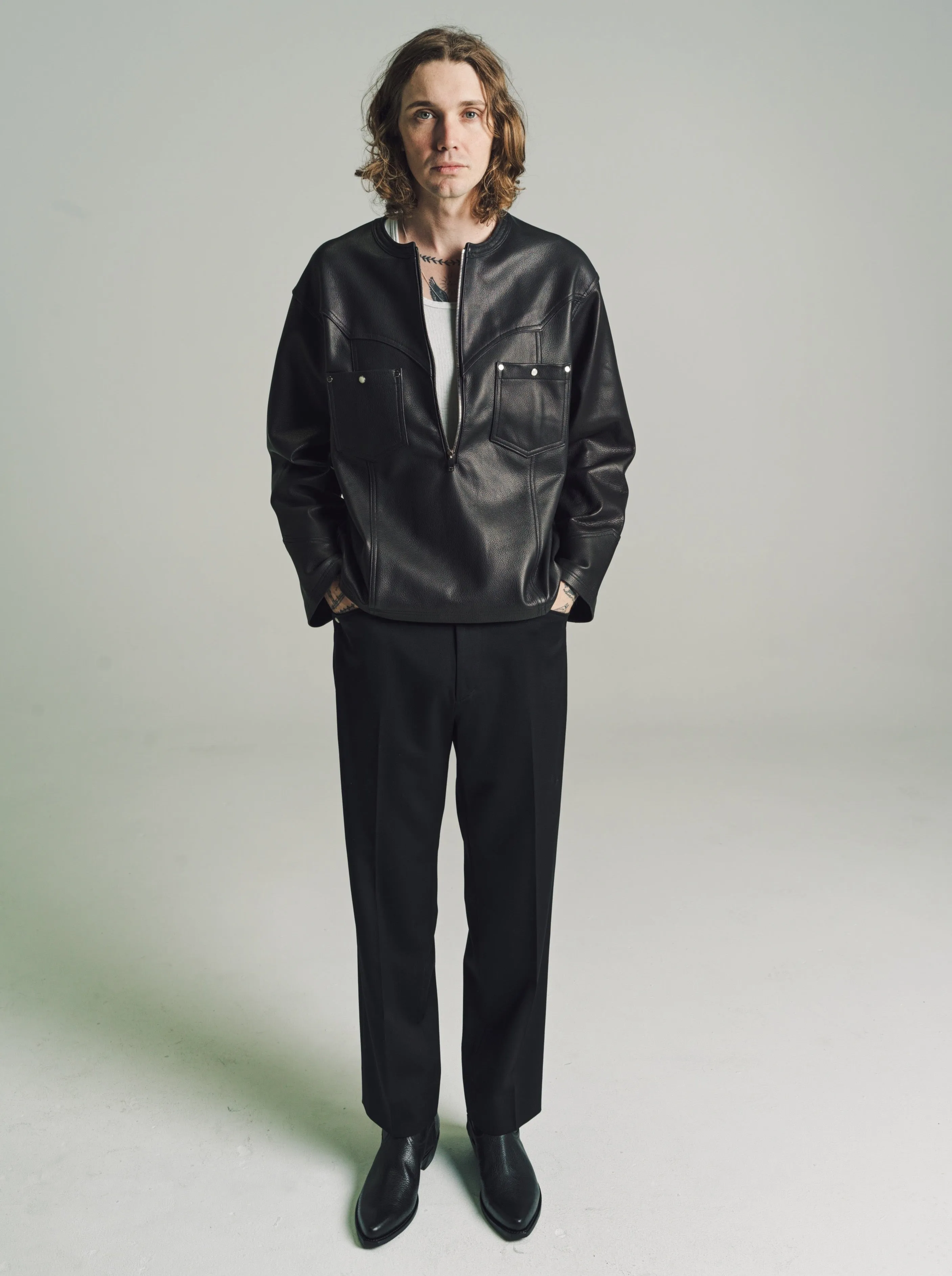 Black Goat Skin Collarless Pull-Over Shirt