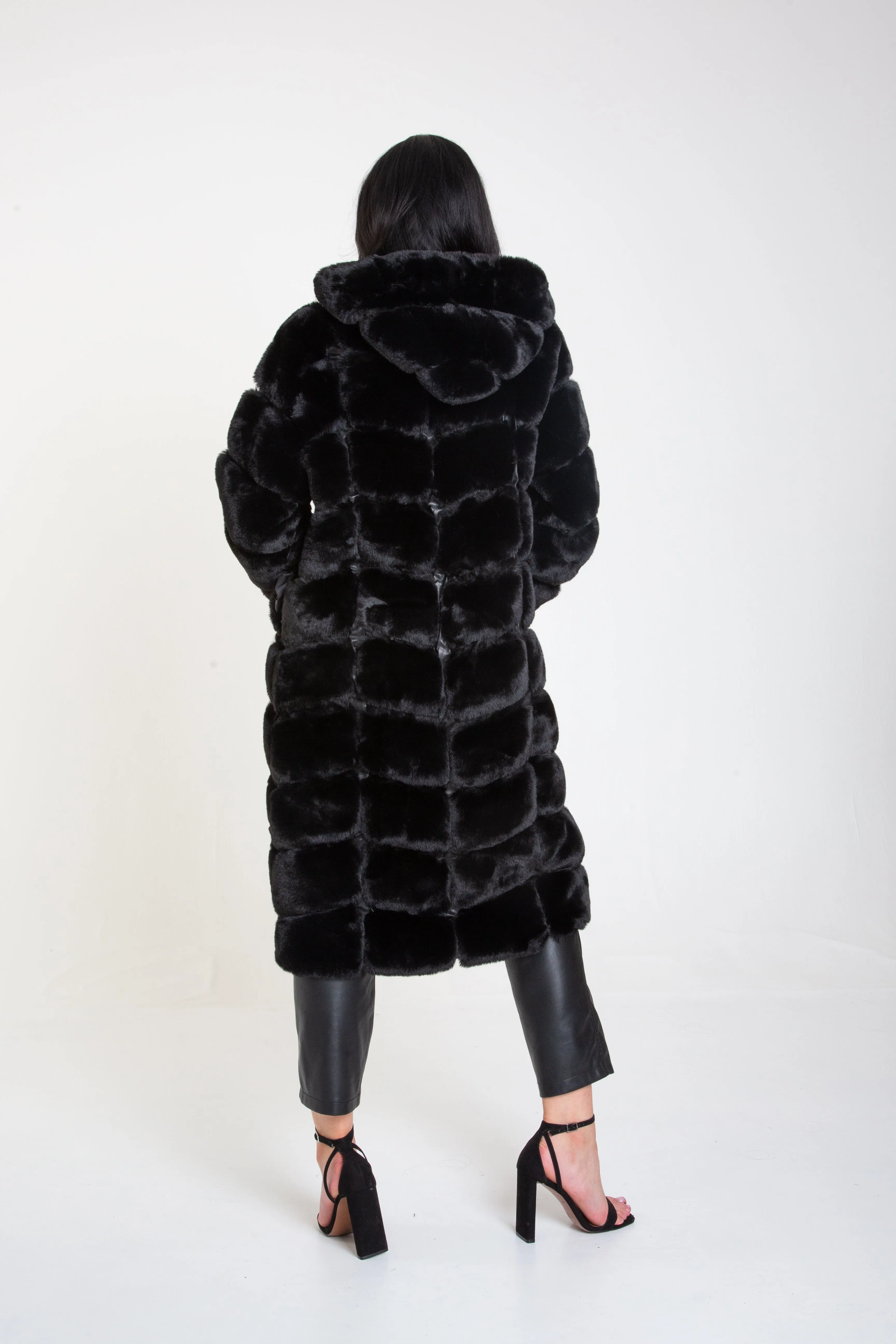 Black Panelled Hooded Longline Fur Coat