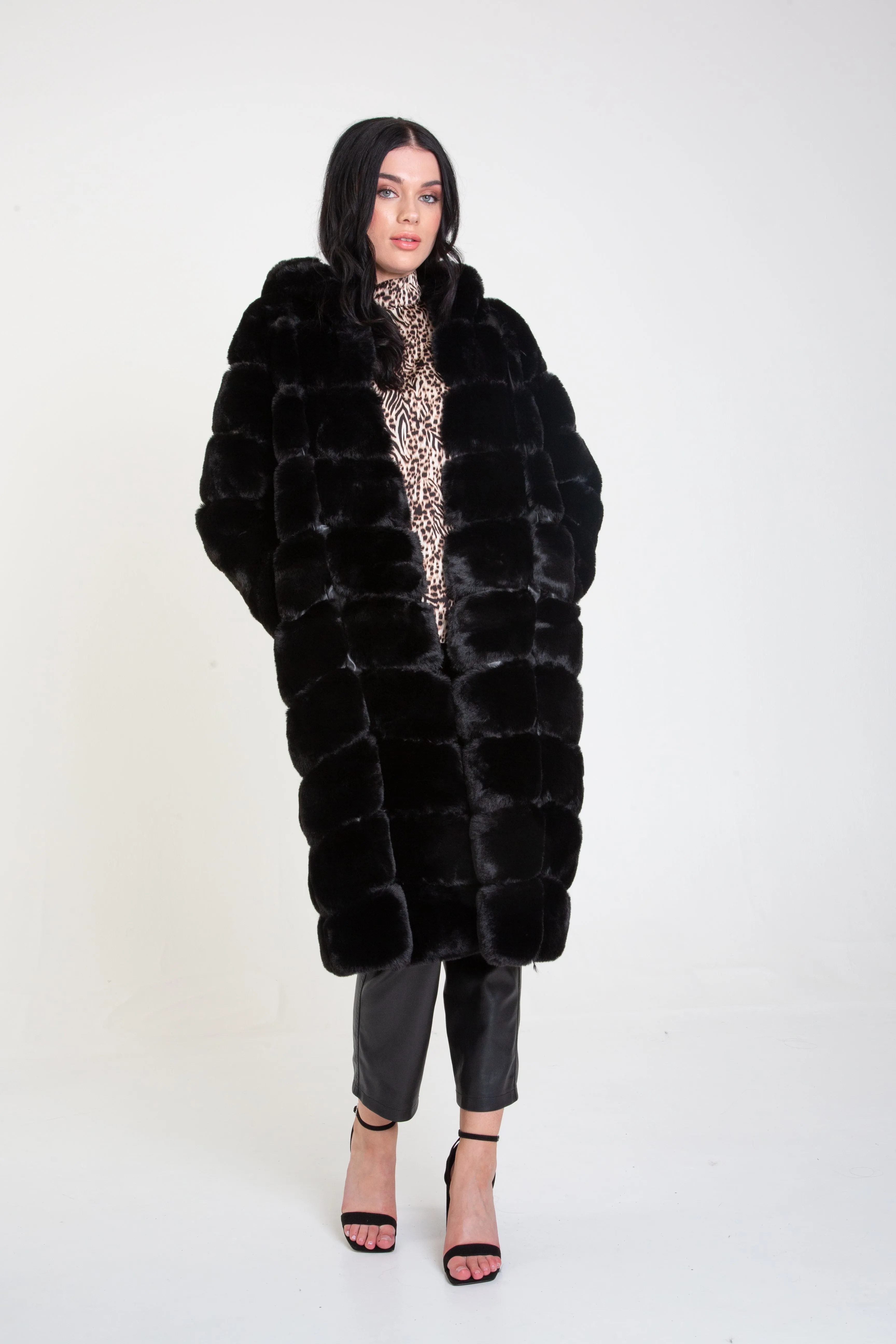 Black Panelled Hooded Longline Fur Coat