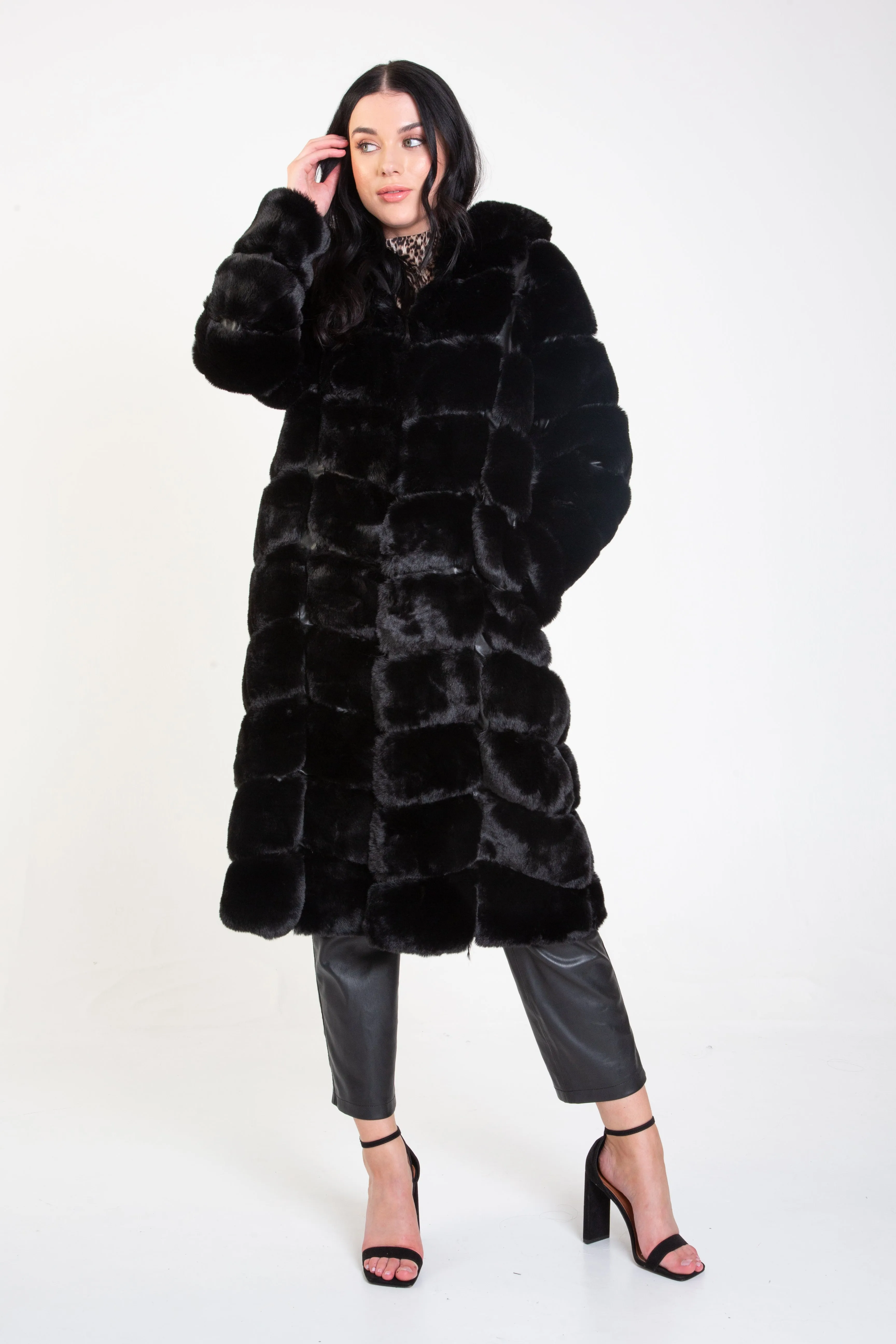 Black Panelled Hooded Longline Fur Coat