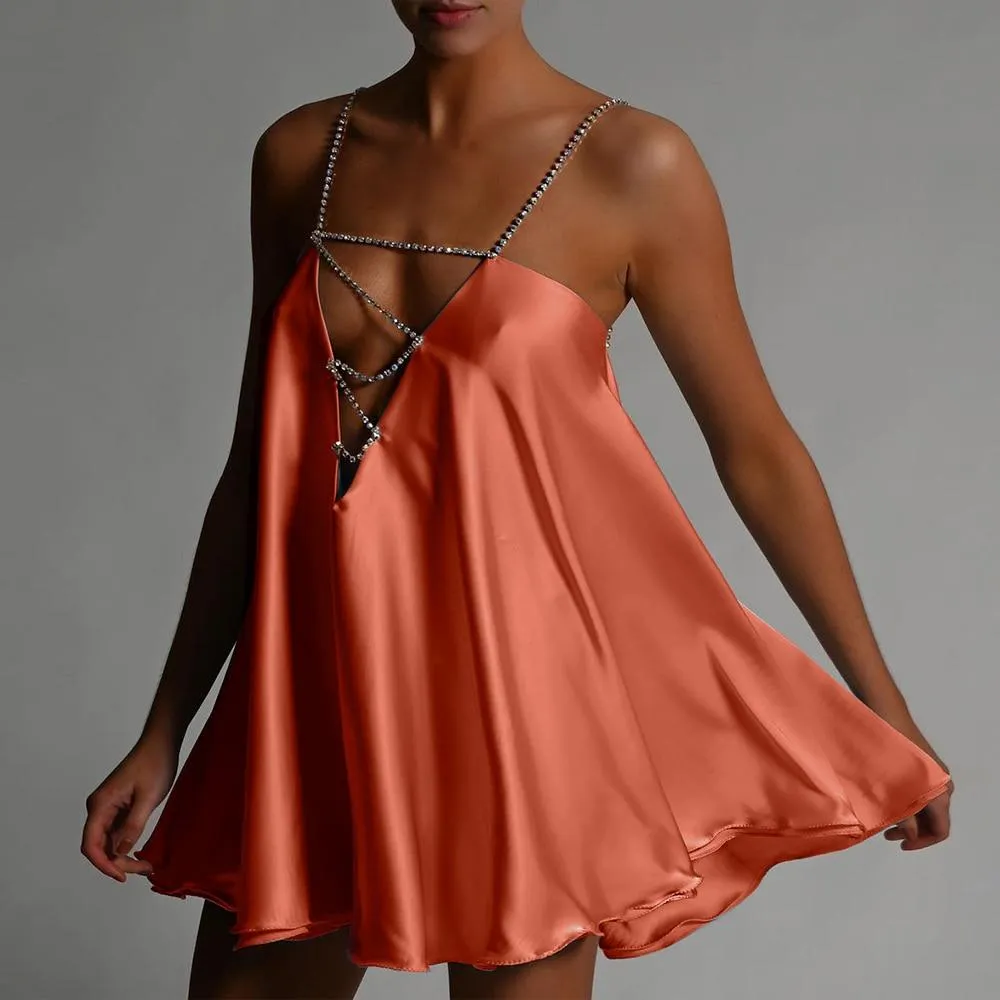 Chain Suspender Short Hollow V-neck A-line Dress Club Wear Dress