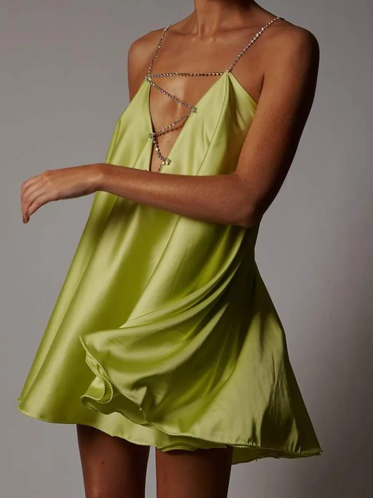 Chain Suspender Short Hollow V-neck A-line Dress Club Wear Dress