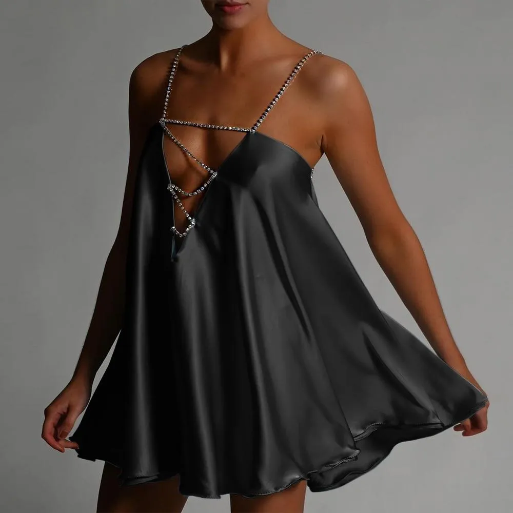 Chain Suspender Short Hollow V-neck A-line Dress Club Wear Dress