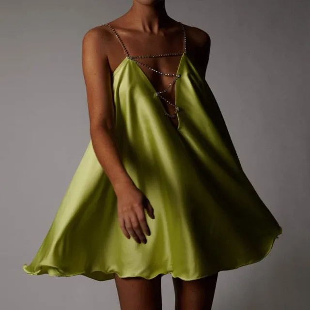 Chain Suspender Short Hollow V-neck A-line Dress Club Wear Dress