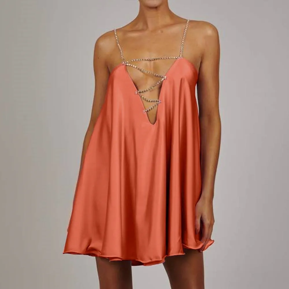 Chain Suspender Short Hollow V-neck A-line Dress Club Wear Dress