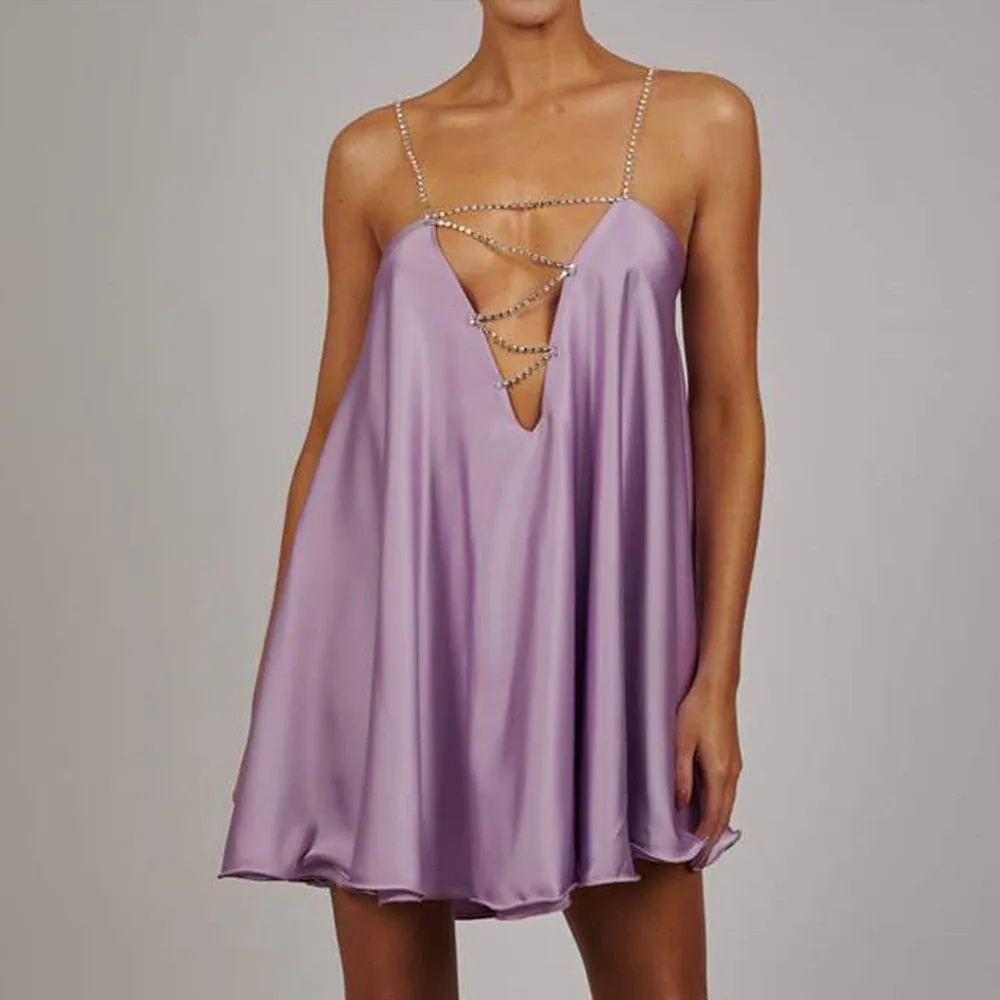 Chain Suspender Short Hollow V-neck A-line Dress Club Wear Dress