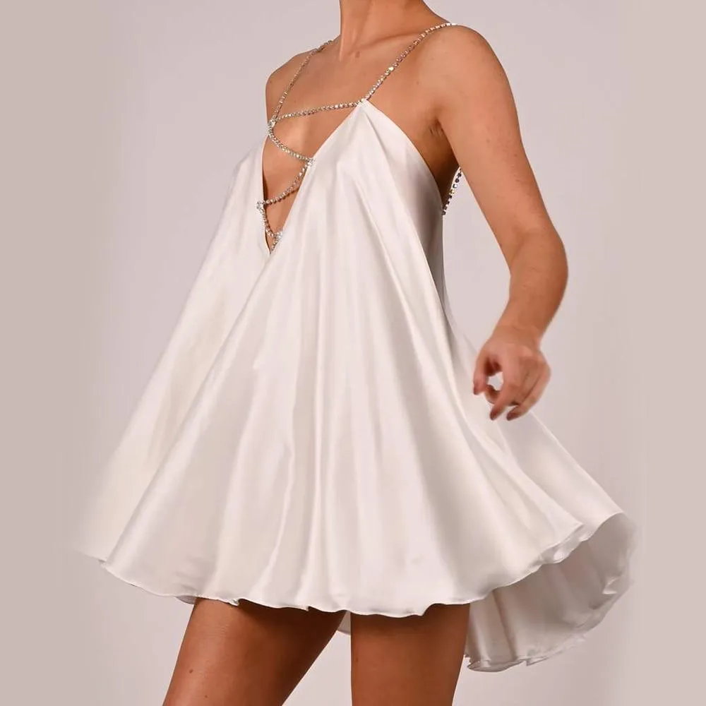 Chain Suspender Short Hollow V-neck A-line Dress Club Wear Dress