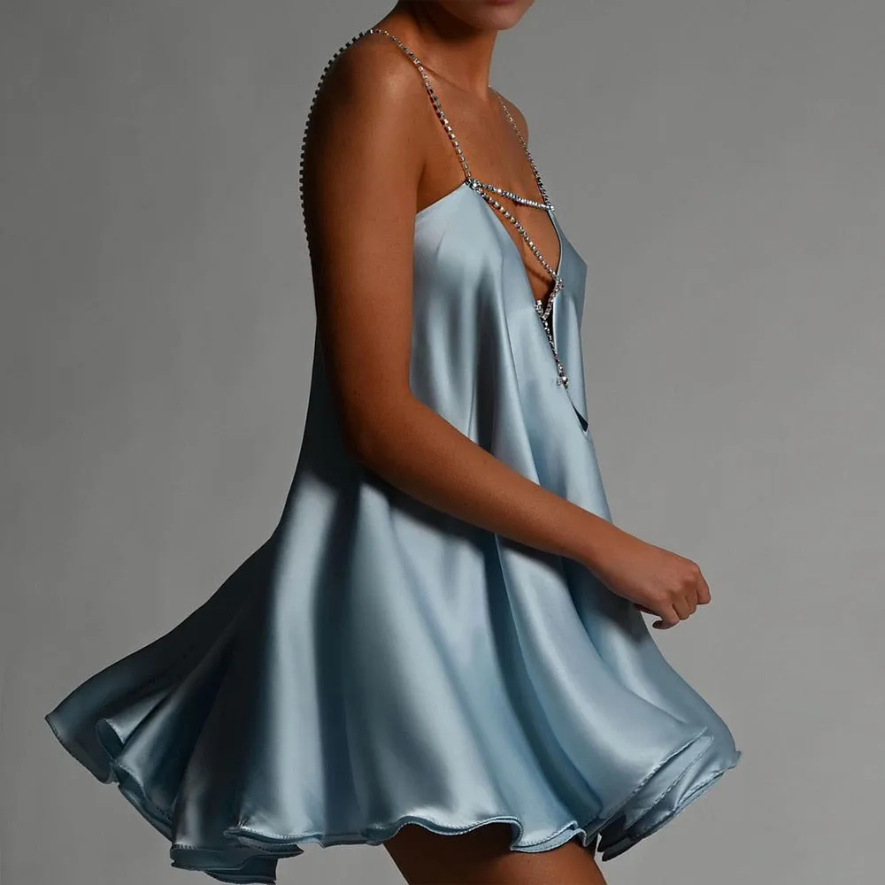 Chain Suspender Short Hollow V-neck A-line Dress Club Wear Dress