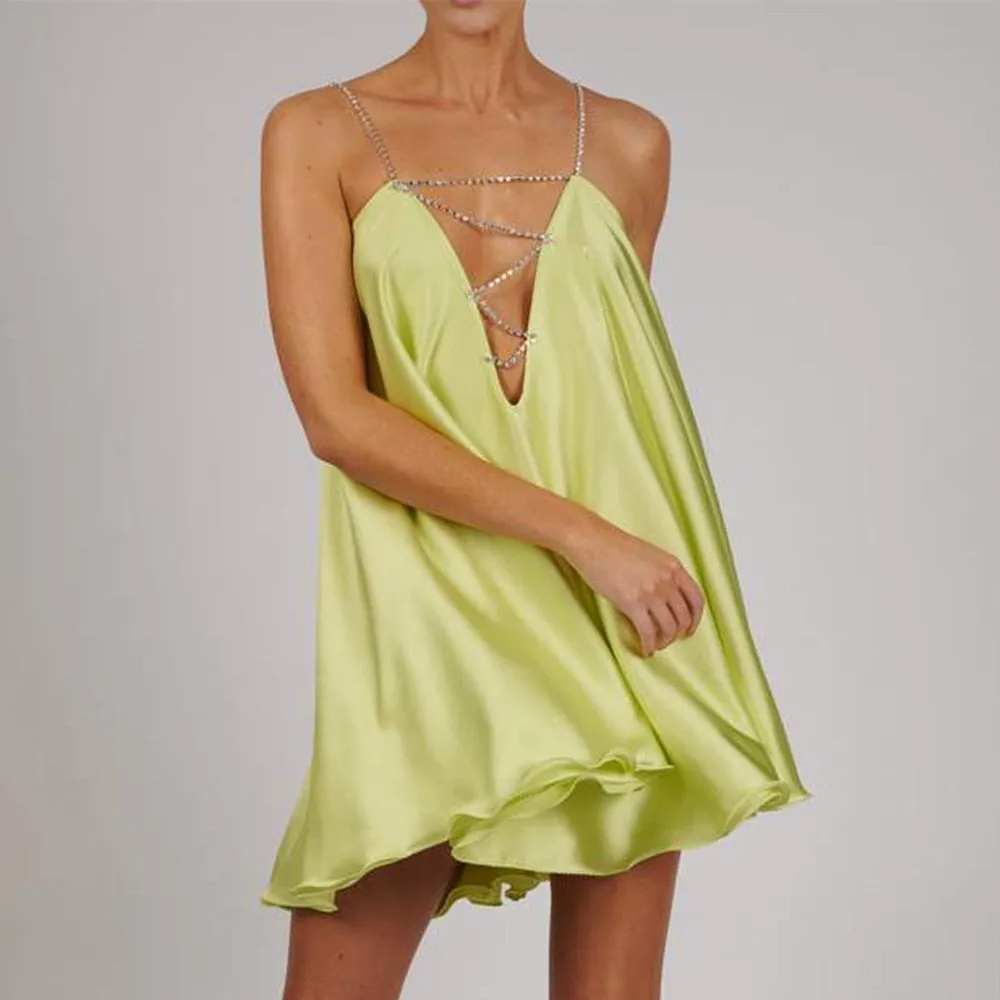 Chain Suspender Short Hollow V-neck A-line Dress Club Wear Dress