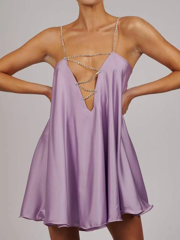 Chain Suspender Short Hollow V-neck A-line Dress Club Wear Dress
