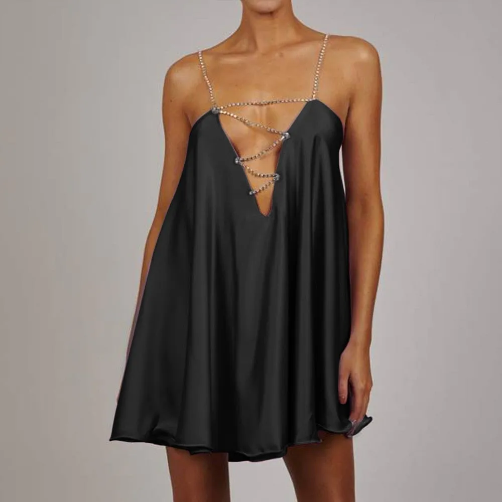 Chain Suspender Short Hollow V-neck A-line Dress Club Wear Dress