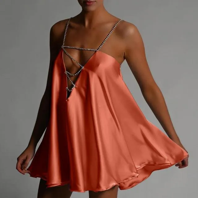 Chain Suspender Short Hollow V-neck A-line Dress Club Wear Dress