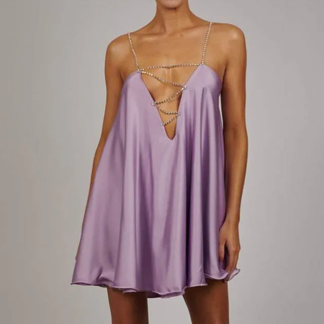 Chain Suspender Short Hollow V-neck A-line Dress Club Wear Dress