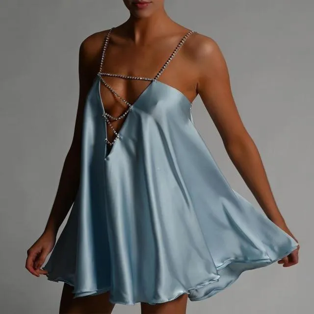 Chain Suspender Short Hollow V-neck A-line Dress Club Wear Dress