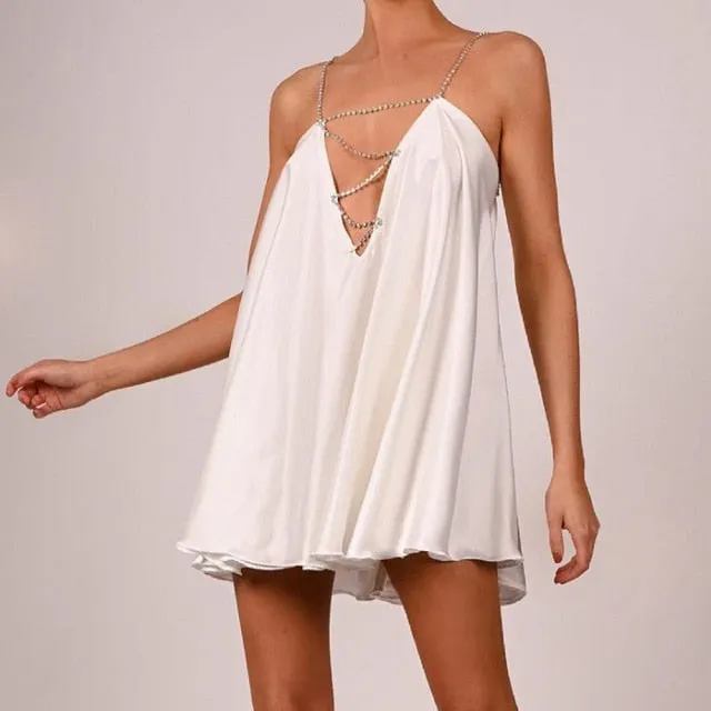 Chain Suspender Short Hollow V-neck A-line Dress Club Wear Dress