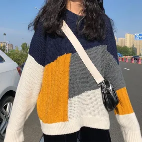 Color Block Vintage Oversized Knitted Pullover