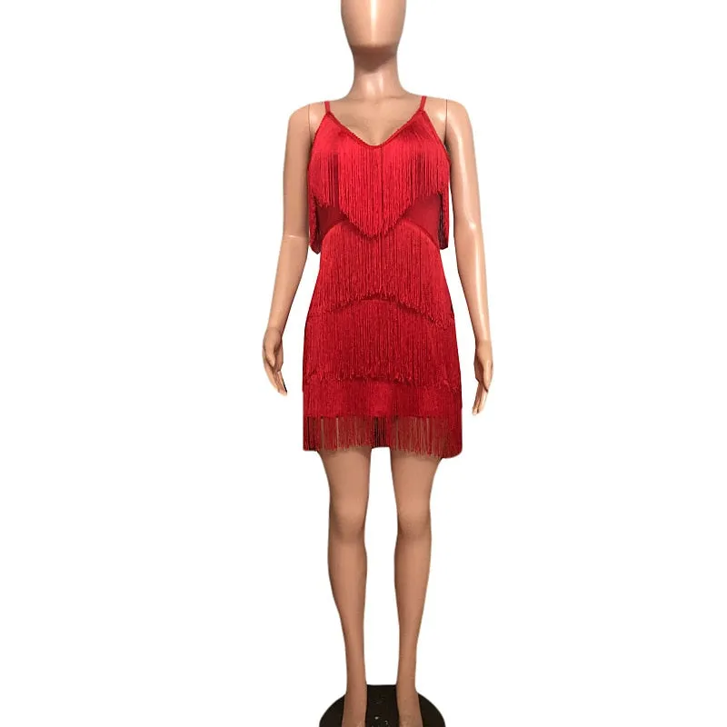 Deep V Neck Tassel Mini Slim Spaghetti Strap Low Cut Backless Bodycon Night Club Party Vestido Dress