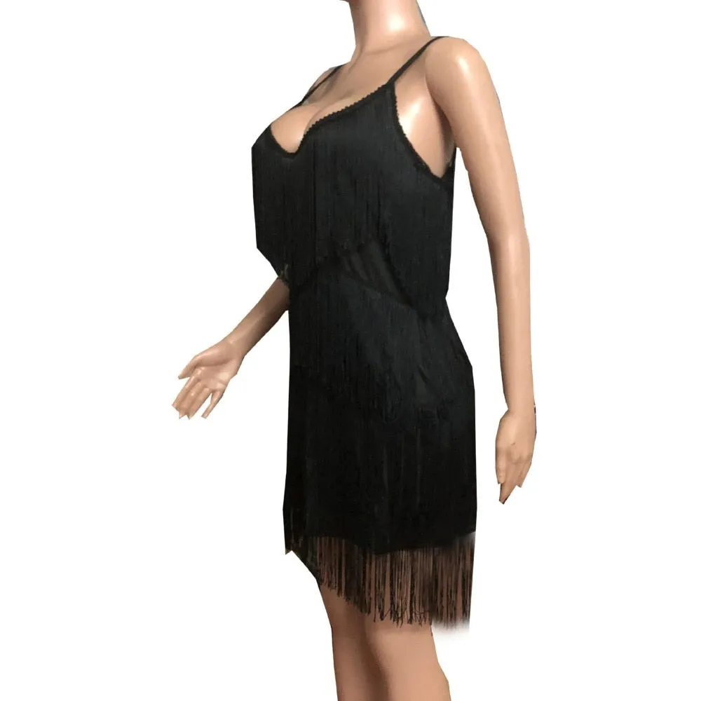 Deep V Neck Tassel Mini Slim Spaghetti Strap Low Cut Backless Bodycon Night Club Party Vestido Dress