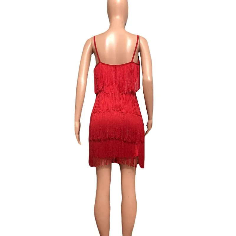 Deep V Neck Tassel Mini Slim Spaghetti Strap Low Cut Backless Bodycon Night Club Party Vestido Dress