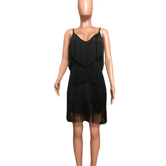 Deep V Neck Tassel Mini Slim Spaghetti Strap Low Cut Backless Bodycon Night Club Party Vestido Dress