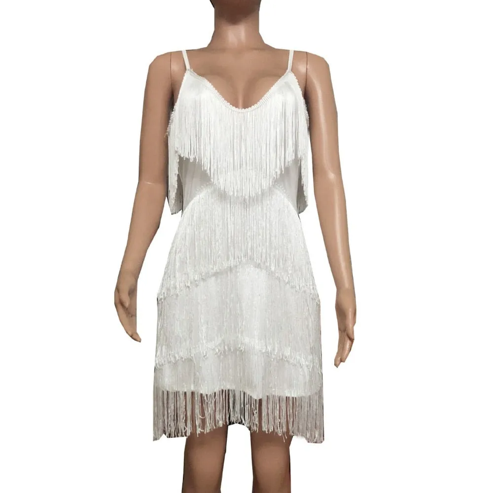 Deep V Neck Tassel Mini Slim Spaghetti Strap Low Cut Backless Bodycon Night Club Party Vestido Dress