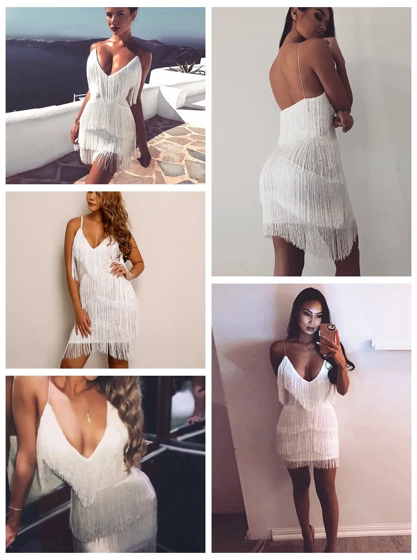 Deep V Neck Tassel Mini Slim Spaghetti Strap Low Cut Backless Bodycon Night Club Party Vestido Dress