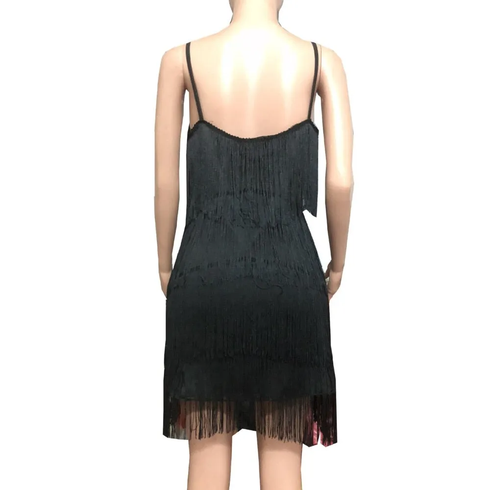 Deep V Neck Tassel Mini Slim Spaghetti Strap Low Cut Backless Bodycon Night Club Party Vestido Dress