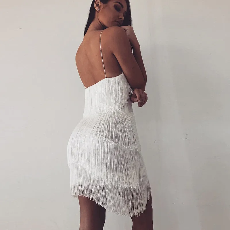 Deep V Neck Tassel Mini Slim Spaghetti Strap Low Cut Backless Bodycon Night Club Party Vestido Dress