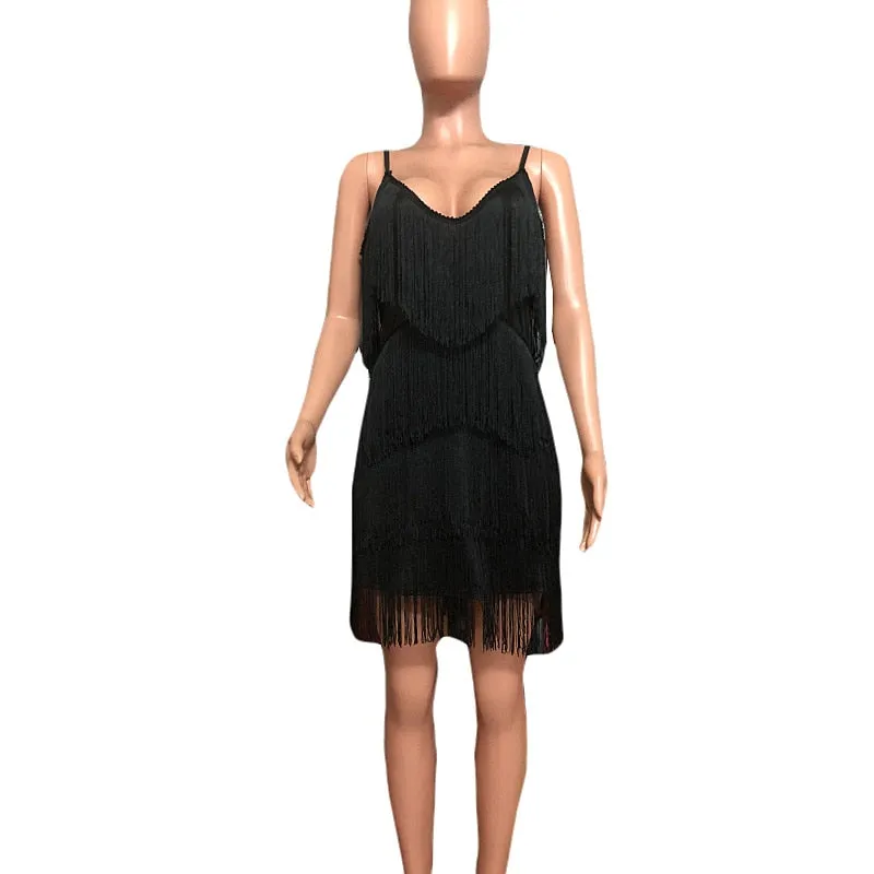Deep V Neck Tassel Mini Slim Spaghetti Strap Low Cut Backless Bodycon Night Club Party Vestido Dress