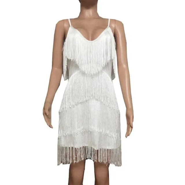 Deep V Neck Tassel Mini Slim Spaghetti Strap Low Cut Backless Bodycon Night Club Party Vestido Dress