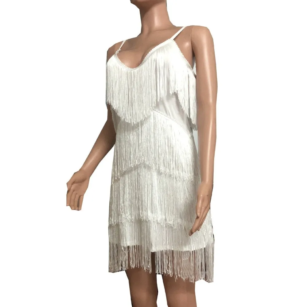 Deep V Neck Tassel Mini Slim Spaghetti Strap Low Cut Backless Bodycon Night Club Party Vestido Dress