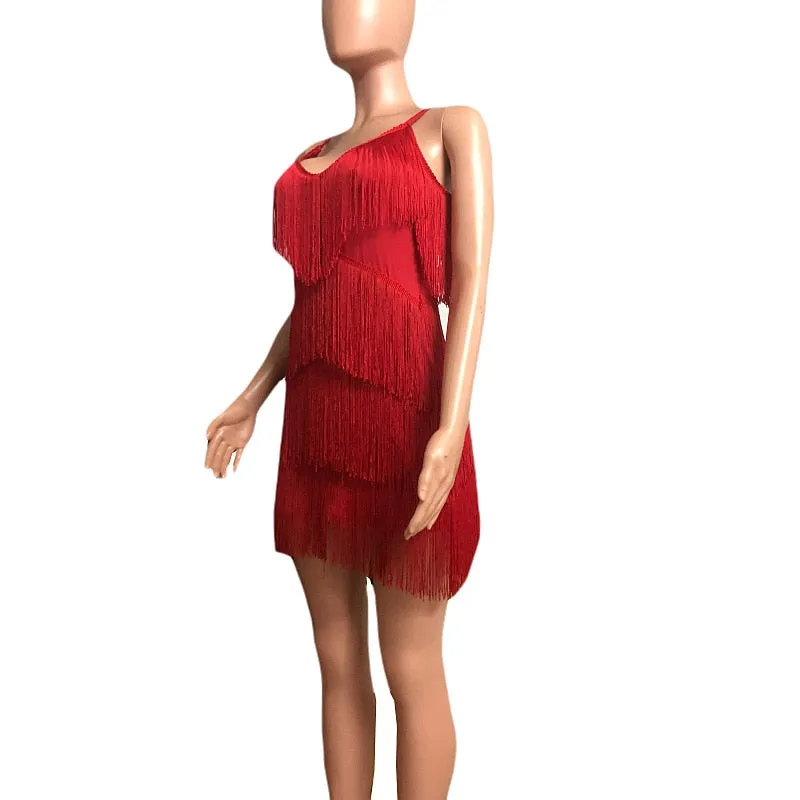 Deep V Neck Tassel Mini Slim Spaghetti Strap Low Cut Backless Bodycon Night Club Party Vestido Dress