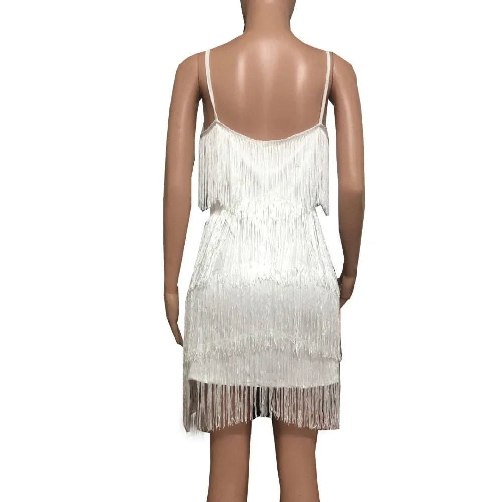 Deep V Neck Tassel Mini Slim Spaghetti Strap Low Cut Backless Bodycon Night Club Party Vestido Dress