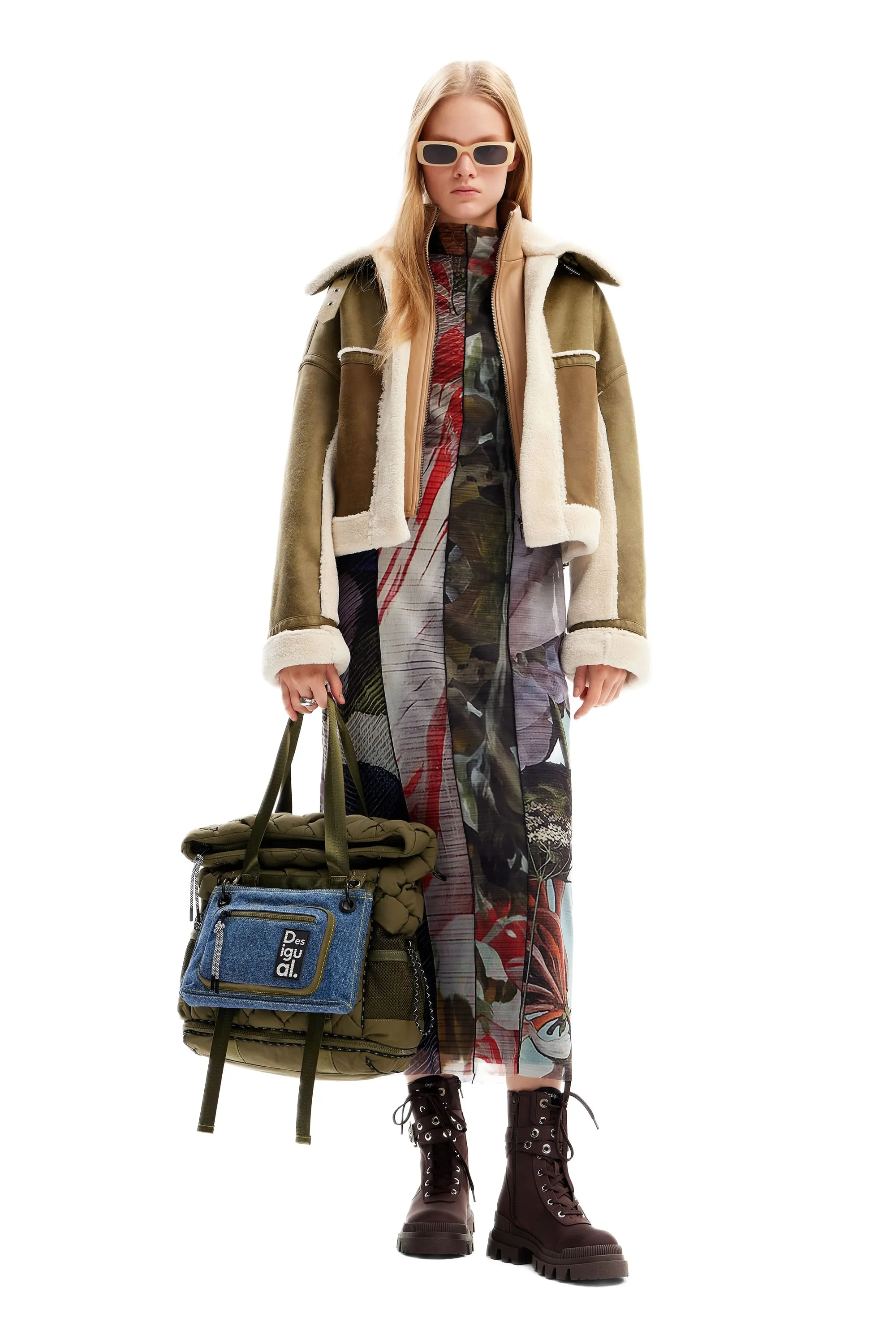 Desigual Edimburgo Patchwork Biker Jacket with Shearling Lining 24WWEWB7
