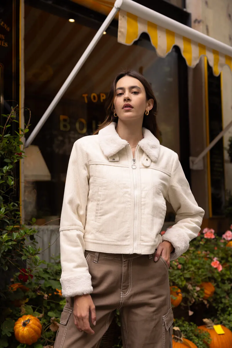 Faux Shearling Collar & Lined Corduroy Biker Jacket - Ivory