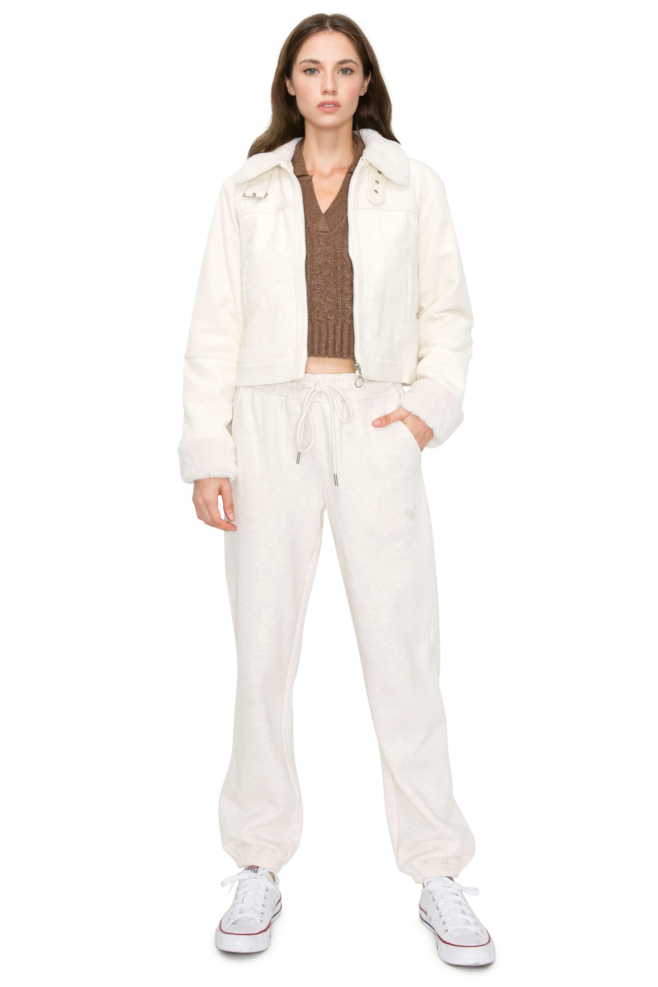 Faux Shearling Collar & Lined Corduroy Biker Jacket - Ivory