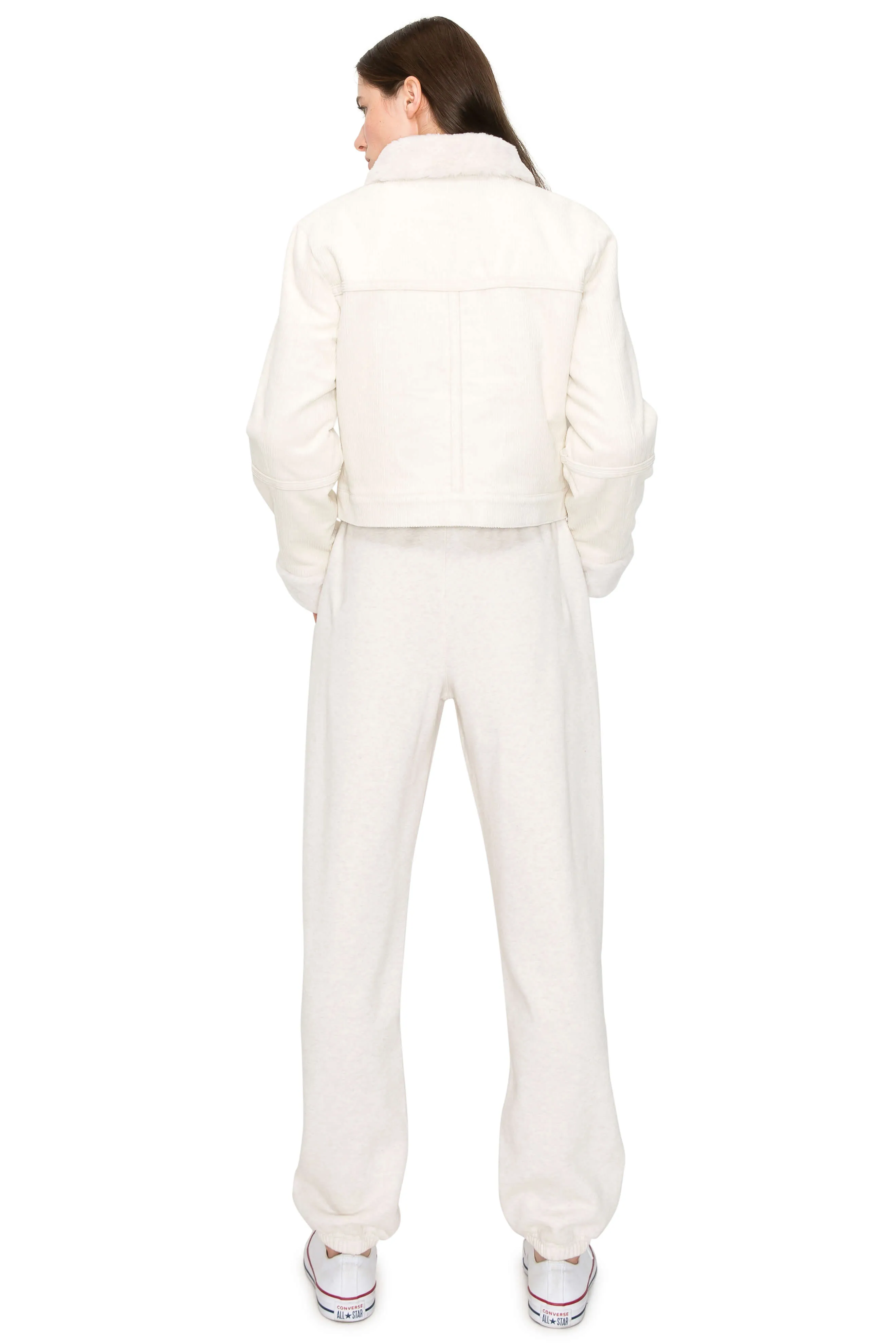 Faux Shearling Collar & Lined Corduroy Biker Jacket - Ivory