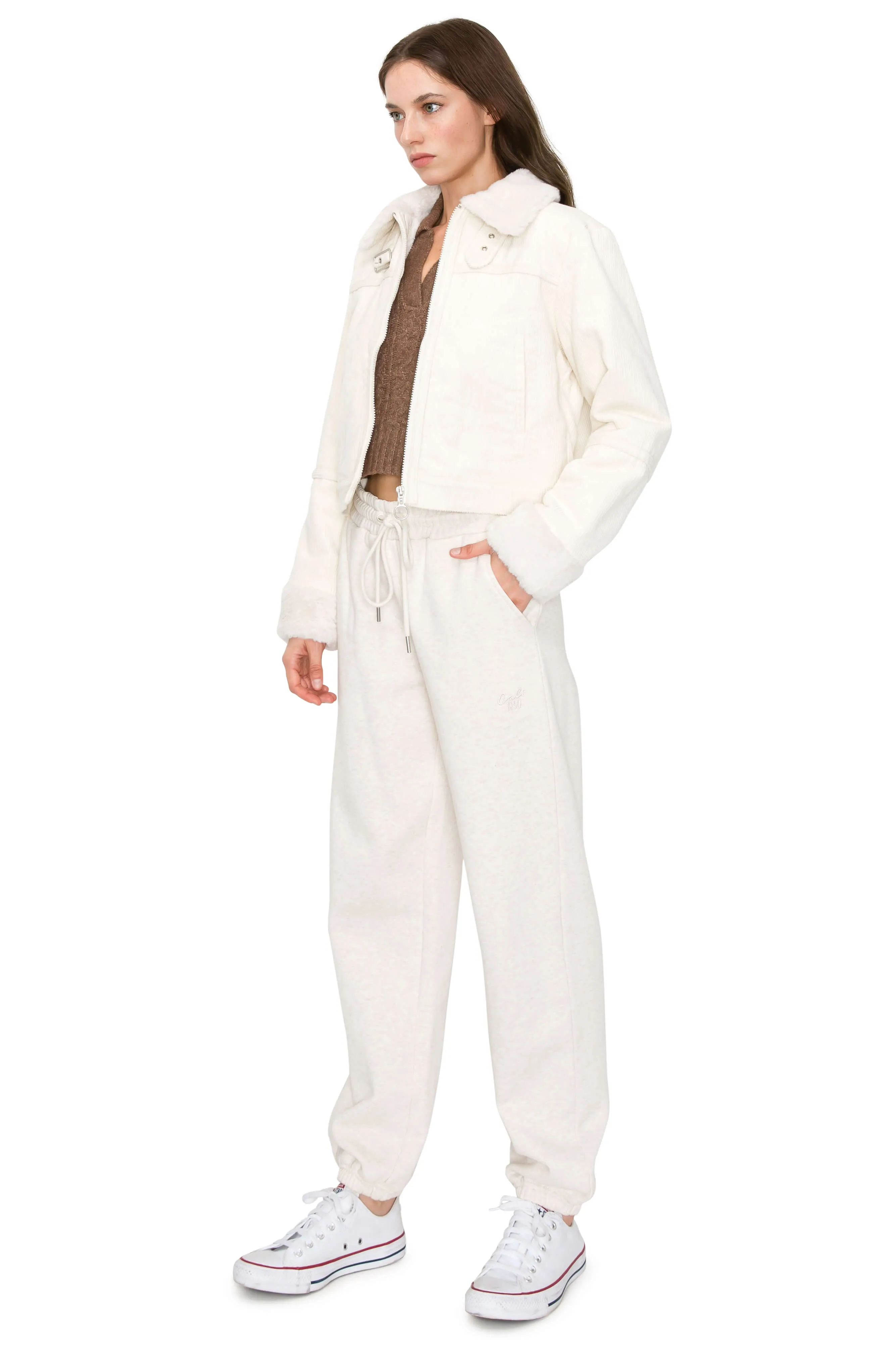 Faux Shearling Collar & Lined Corduroy Biker Jacket - Ivory