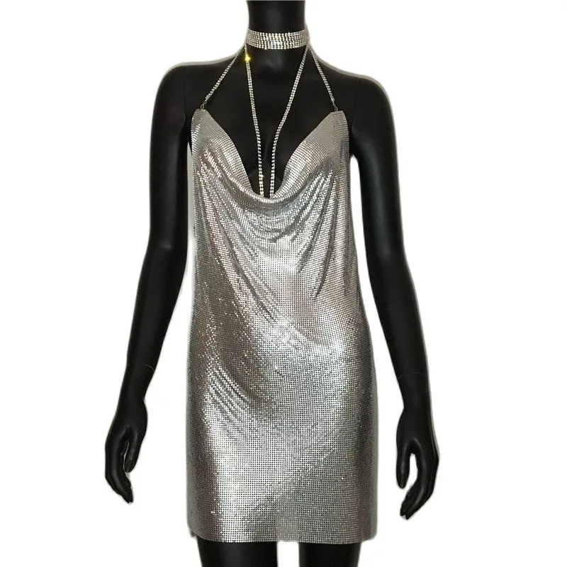 Gold Sequined Patchwork Mini Dress Women Sleeveless Low Cut Metal Chains Halter Slim Charming Nightclub Party Dresses