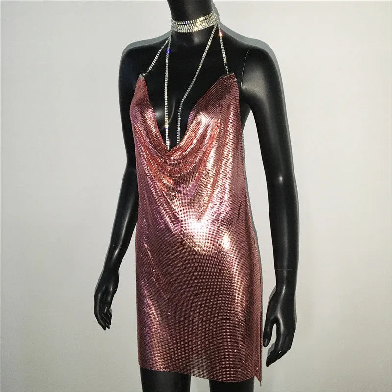 Gold Sequined Patchwork Mini Dress Women Sleeveless Low Cut Metal Chains Halter Slim Charming Nightclub Party Dresses