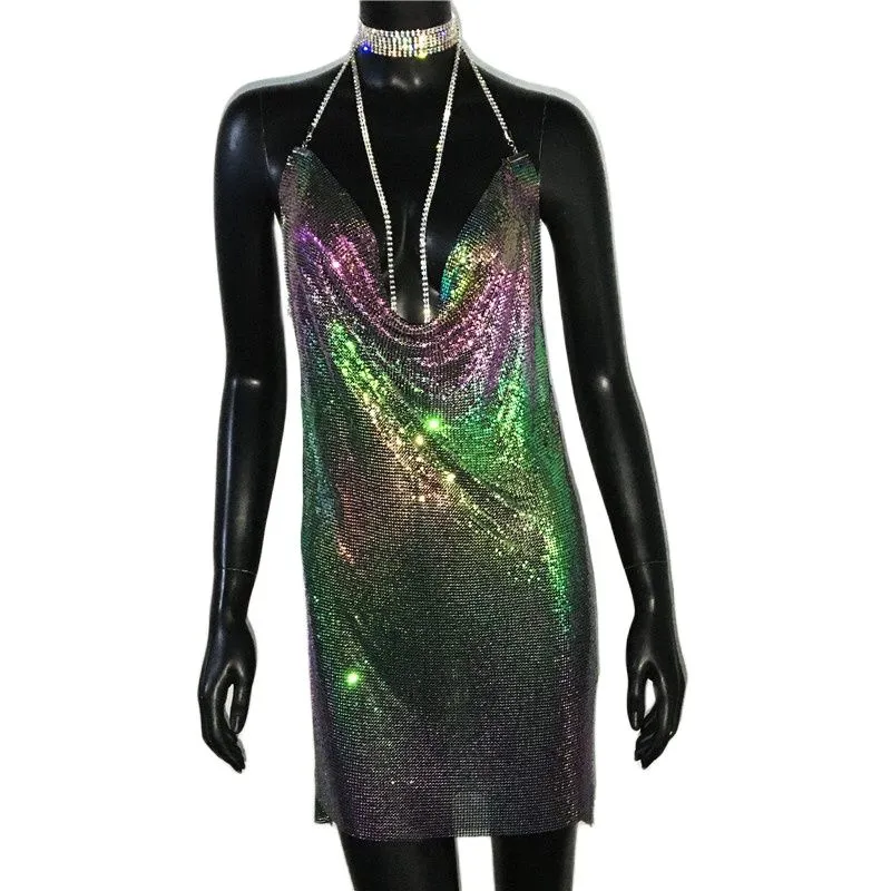 Gold Sequined Patchwork Mini Dress Women Sleeveless Low Cut Metal Chains Halter Slim Charming Nightclub Party Dresses