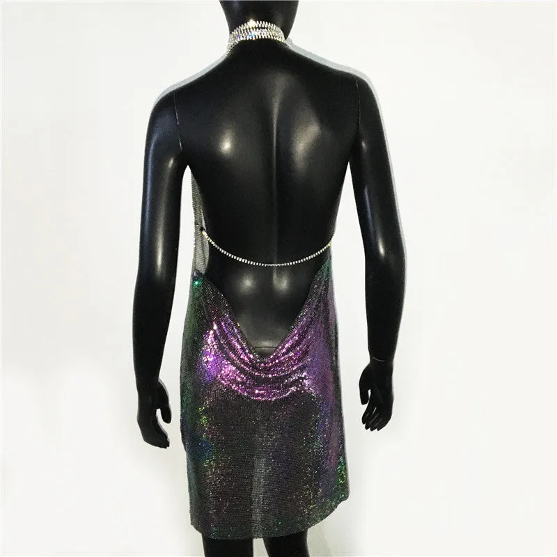 Gold Sequined Patchwork Mini Dress Women Sleeveless Low Cut Metal Chains Halter Slim Charming Nightclub Party Dresses