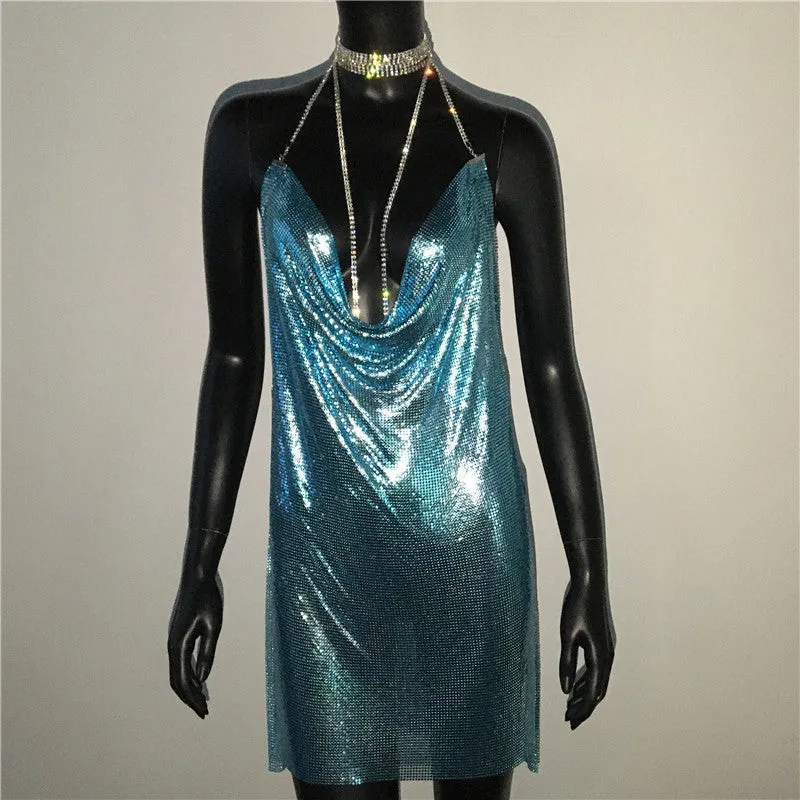 Gold Sequined Patchwork Mini Dress Women Sleeveless Low Cut Metal Chains Halter Slim Charming Nightclub Party Dresses