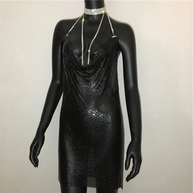 Gold Sequined Patchwork Mini Dress Women Sleeveless Low Cut Metal Chains Halter Slim Charming Nightclub Party Dresses