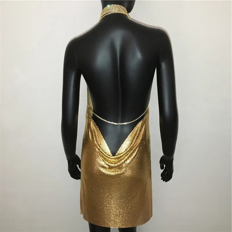 Gold Sequined Patchwork Mini Dress Women Sleeveless Low Cut Metal Chains Halter Slim Charming Nightclub Party Dresses